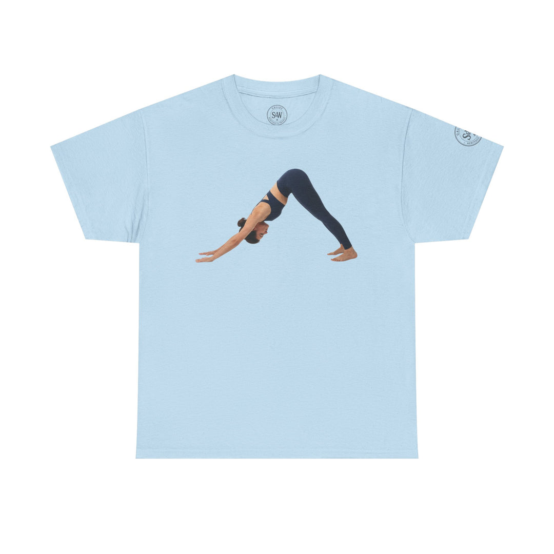 Light blue t-shirt by S&amp;W Gallus, displaying a woman doing the downward dog yoga pose on the front.