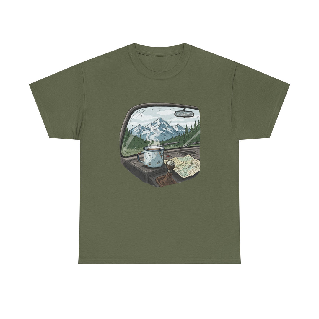Van Roadtrip View T-Shirt featuring a scenic travel-inspired design. Soft cotton comfort perfect for van life, road trips, and outdoor adventures.