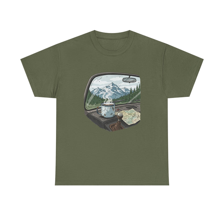 Van Roadtrip View T-Shirt featuring a scenic travel-inspired design. Soft cotton comfort perfect for van life, road trips, and outdoor adventures.