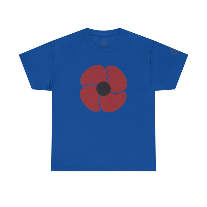 Blue t-shirt by S&amp;W Gallus with a large red remembrance poppy on the front.