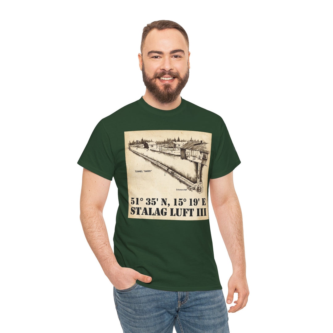 Forest green t-shirt by Veteran owned, featuring a graphic of Stalag Luft III coordinates and a tunnel diagram, worn with jeans.