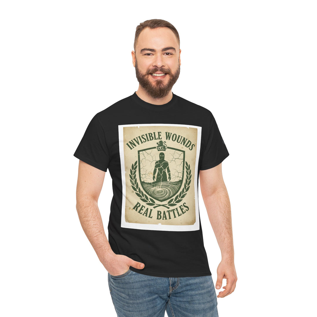 Black t-shirt by S&amp;W Gallus, featuring an "Invisible Wounds Real Battles" design, worn with denim jeans and hand in pocket.