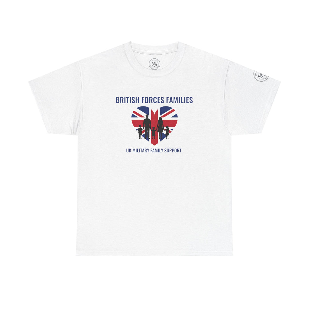 White military support t-shirt by S&amp;W Gallus, featuring a heart with the Union Jack flag and a family silhouette.
