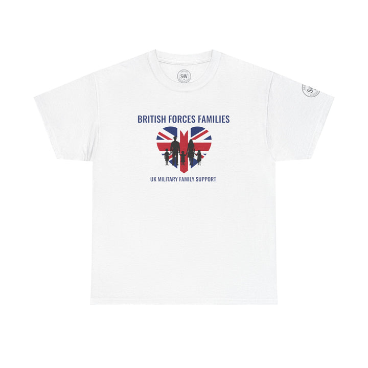 White military support t-shirt by S&amp;W Gallus, featuring a heart with the Union Jack flag and a family silhouette.
