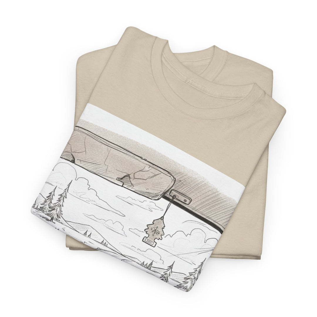 Scenic Drive Van Illustration Tee – soft cotton with a detailed van and landscape design. Perfect for road trips, outdoor adventures, and casual wear.