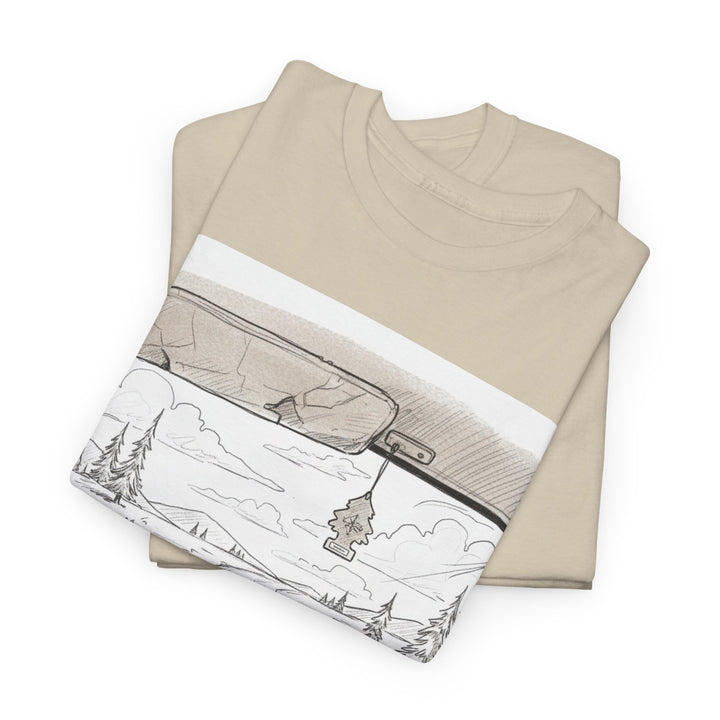 Scenic Drive Van Illustration Tee – soft cotton with a detailed van and landscape design. Perfect for road trips, outdoor adventures, and casual wear.