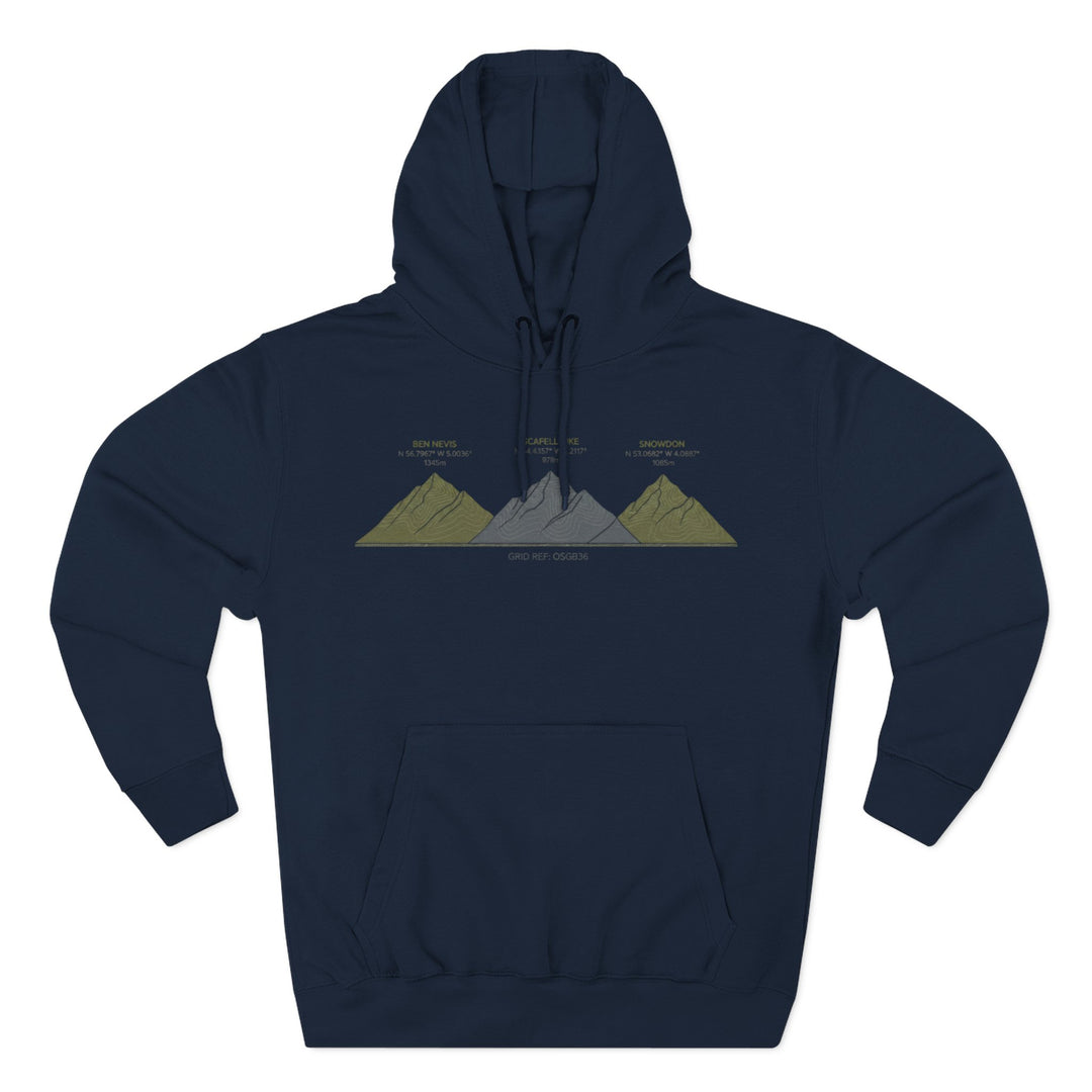 Three Peaks Challenge Graphic Hoodie — Retro UK Mountain Heritage Pullover