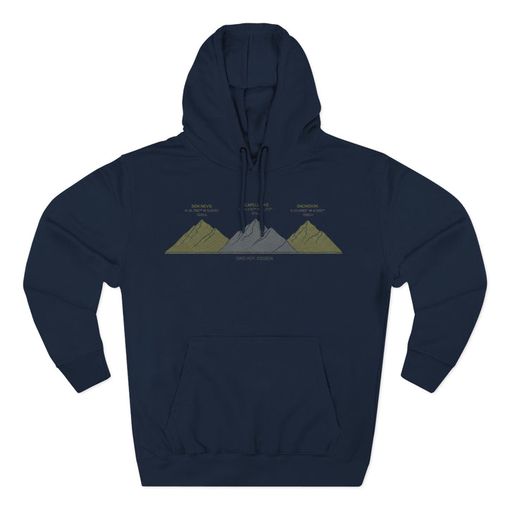 Three Peaks Challenge Graphic Hoodie — Retro UK Mountain Heritage Pullover