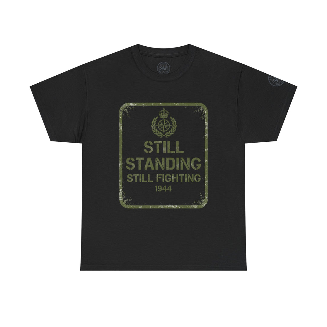 Black t-shirt by S&amp;W Gallus featuring a vintage military-style graphic with the words "Still Standing" and "1944".
