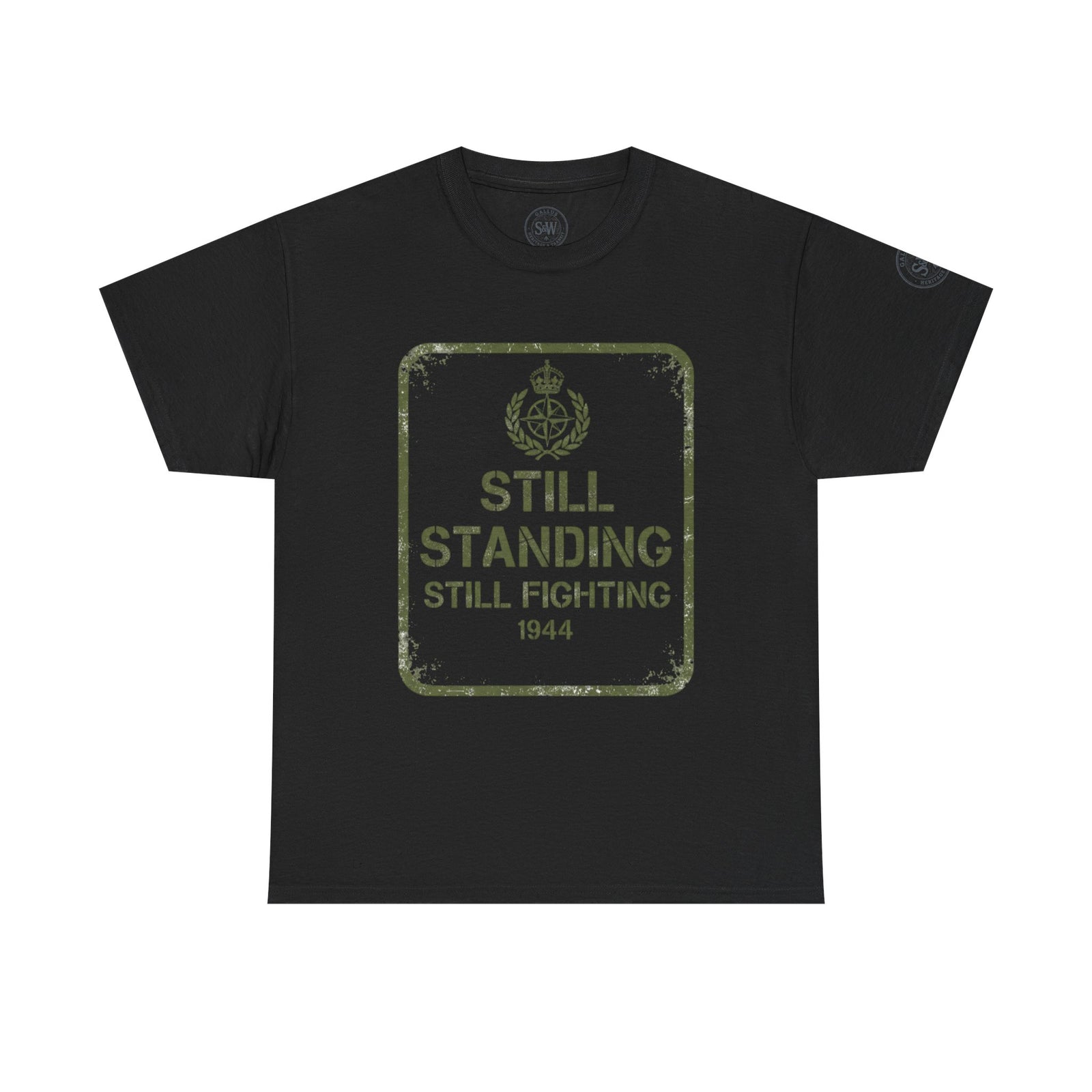 Black t-shirt by S&W Gallus featuring a vintage military-style graphic with the words "Still Standing" and "1944".