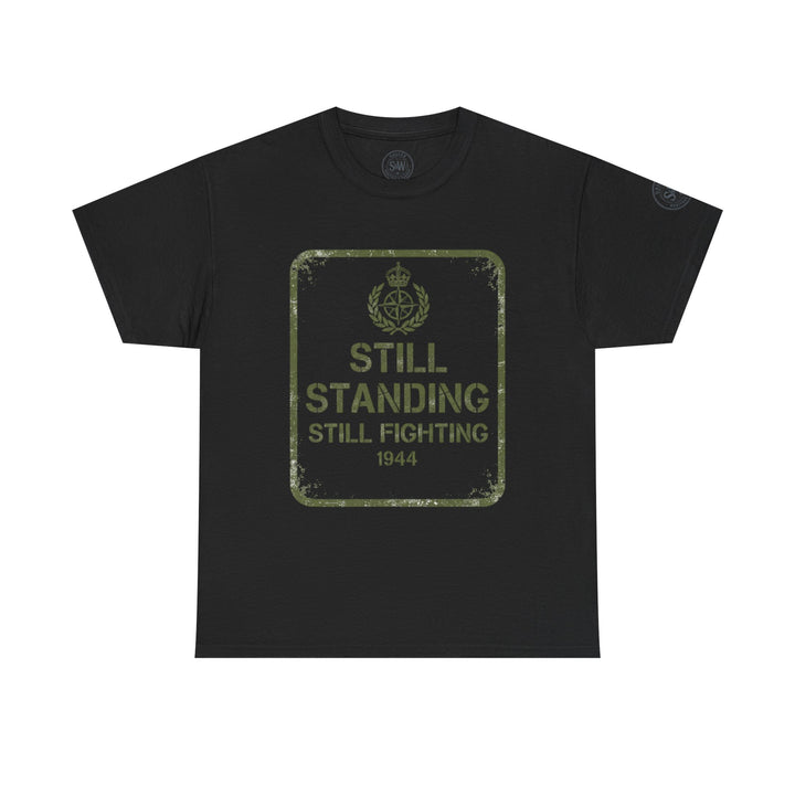 Black t-shirt by S&amp;W Gallus featuring a vintage military-style graphic with the words "Still Standing" and "1944".