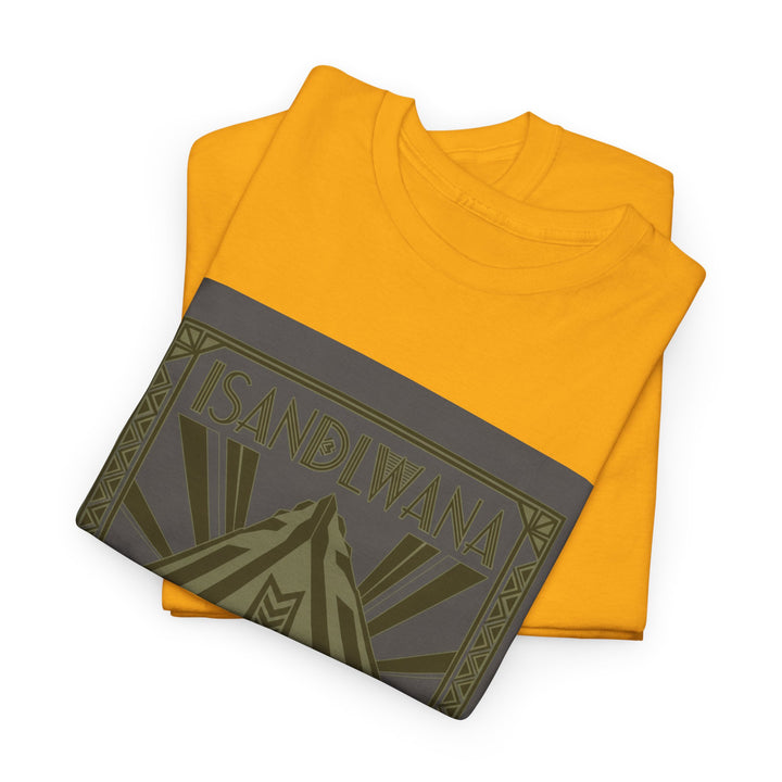 Isandlwana Festival Tee featuring bold “M” pyramid graphic. Outdoor music shirt inspired by iconic landscape vibes.