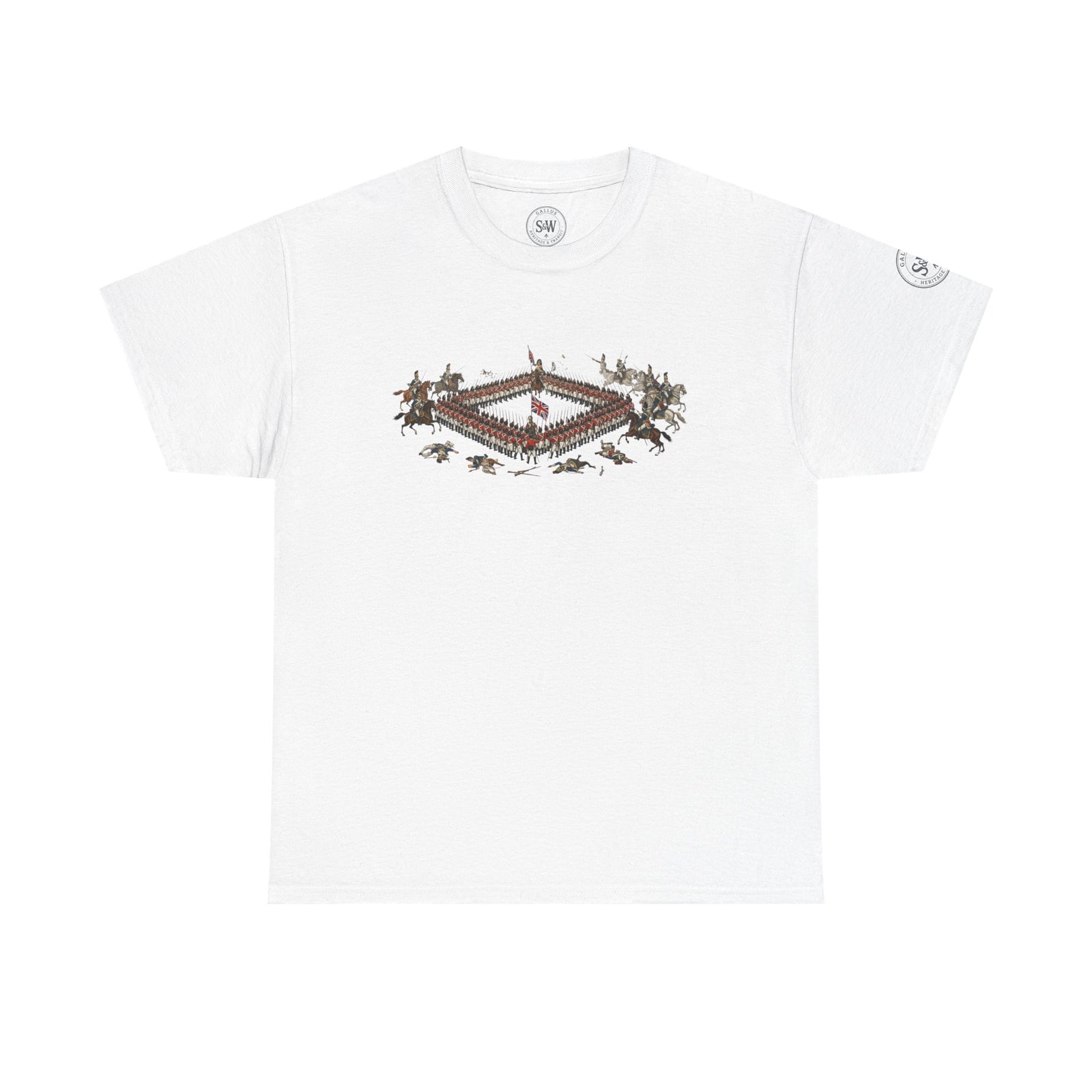 White Waterloo Square T-shirt by S&W Gallus, featuring a rectangular graphic of soldiers and horses.