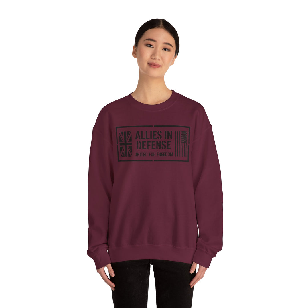 Maroon crewneck sweatshirt with a graphic by S&amp;W Gallus, featuring United Kingdom and United States flag elements.