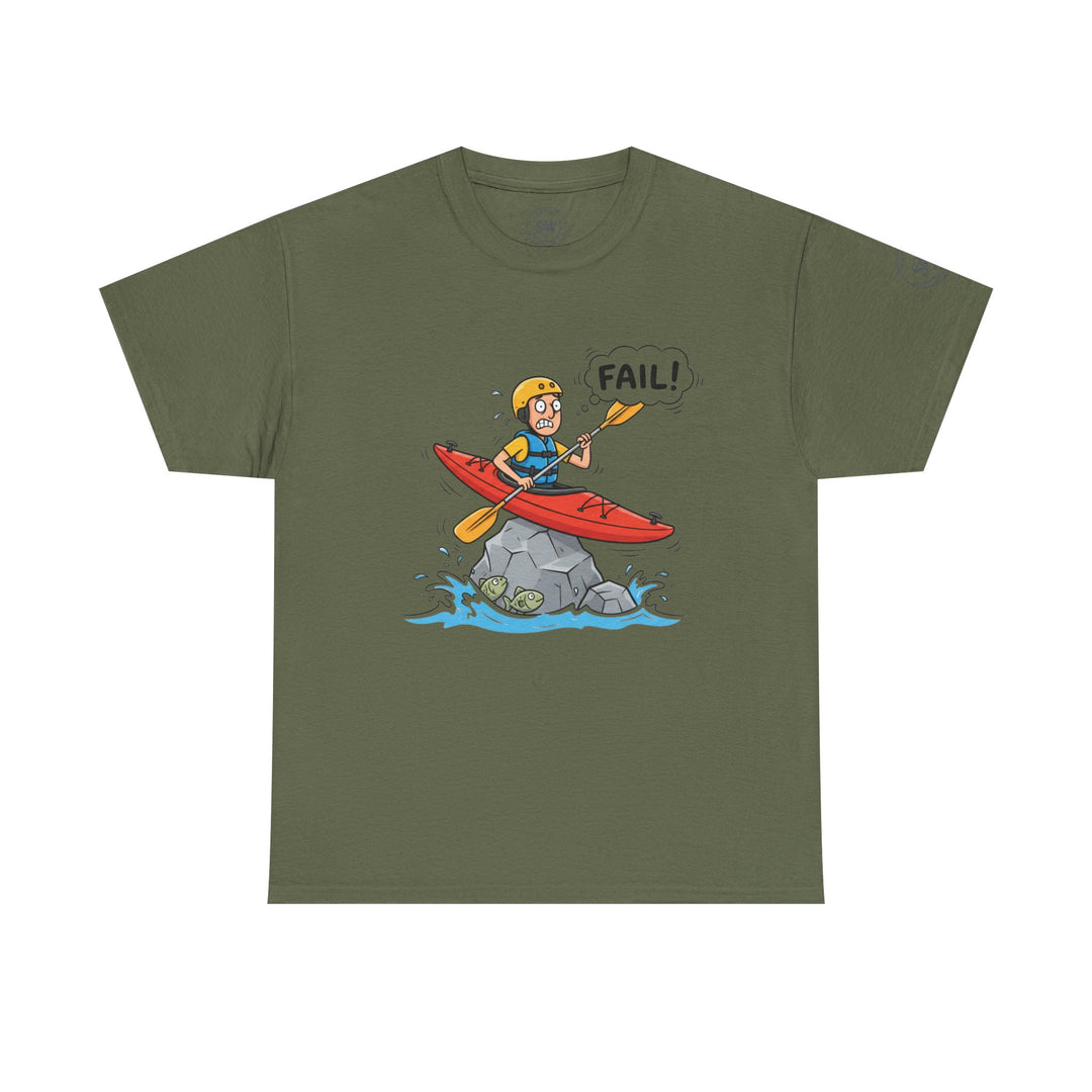 Olive green T-shirt by S&amp;W Gallus with a cartoon drawing of a kayaker stuck on a rock.