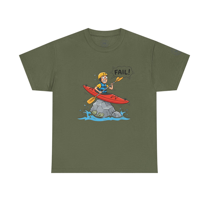 Olive green T-shirt by S&amp;W Gallus with a cartoon drawing of a kayaker stuck on a rock.