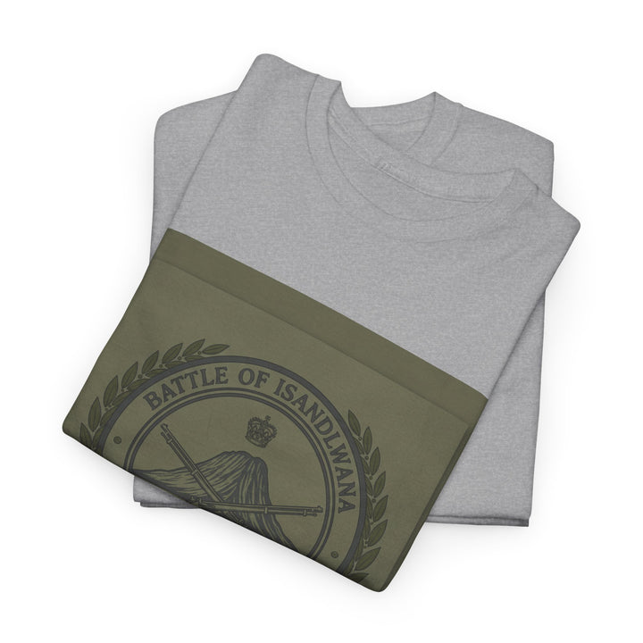 Isandlwana vintage military emblem crewneck T-shirt. Heritage graphic design inspired by historic battlefield legacy.