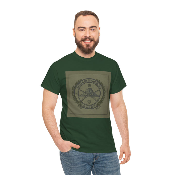 Isandlwana vintage military emblem crewneck T-shirt. Heritage graphic design inspired by historic battlefield legacy.