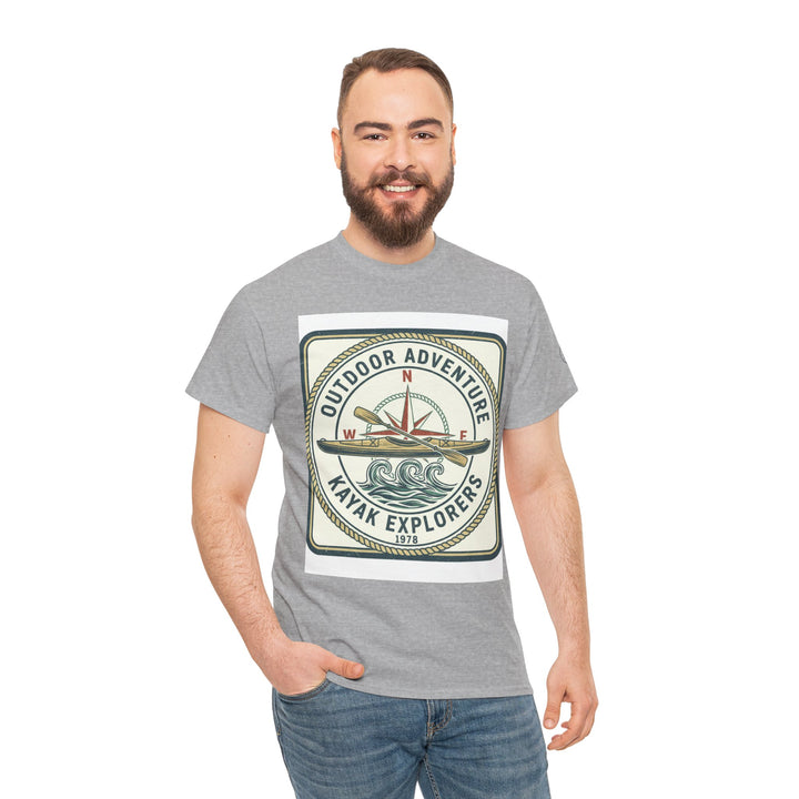 Gray t-shirt by S&amp;W Gallus featuring "Outdoor Adventure Kayak Explorers 1978" design, worn with jeans.