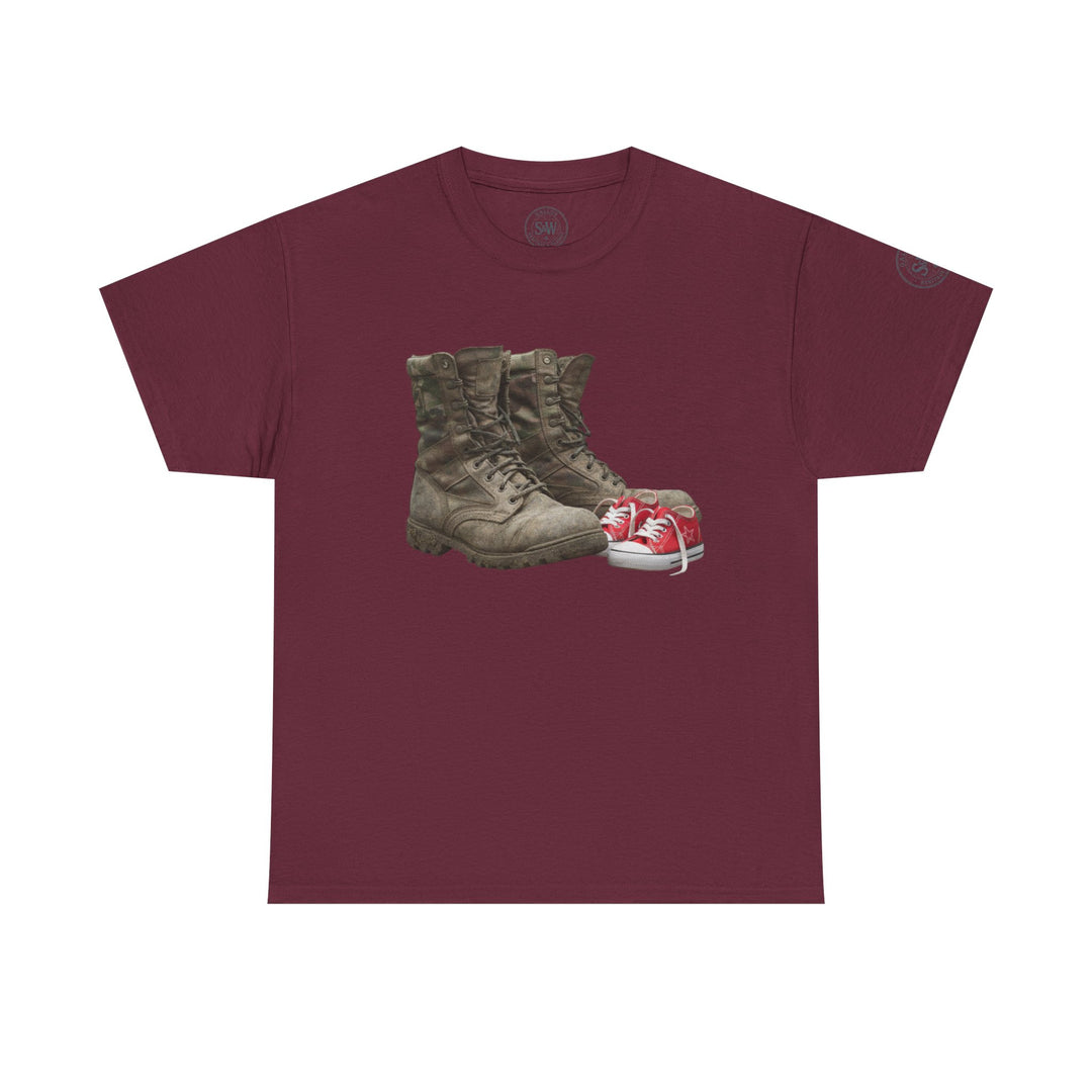 Maroon t-shirt by S&amp;W Gallus with a graphic of combat boots and red sneakers.
