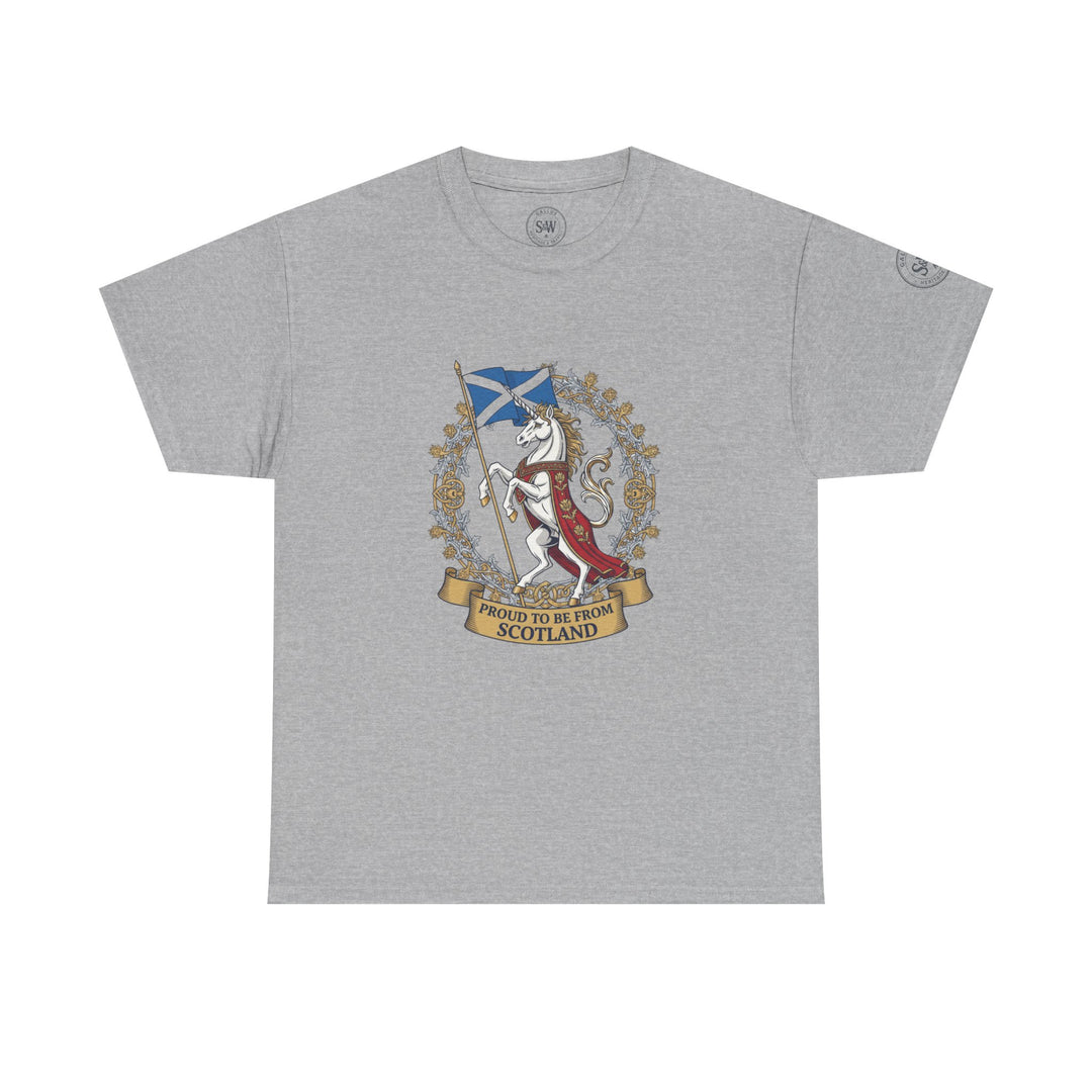Gray t-shirt by S&amp;W Gallus, featuring a graphic of a unicorn holding a Scottish flag, with "Proud to be from Scotland" text.