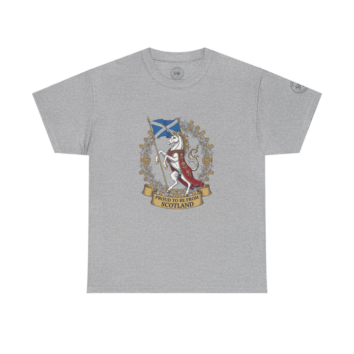 Gray t-shirt by S&amp;W Gallus, featuring a graphic of a unicorn holding a Scottish flag, with "Proud to be from Scotland" text.