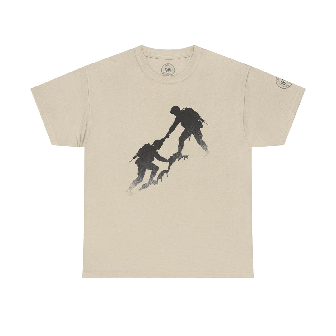 Beige tee shirt by S&amp;W Gallus with a silhouette of two soldiers assisting each other.