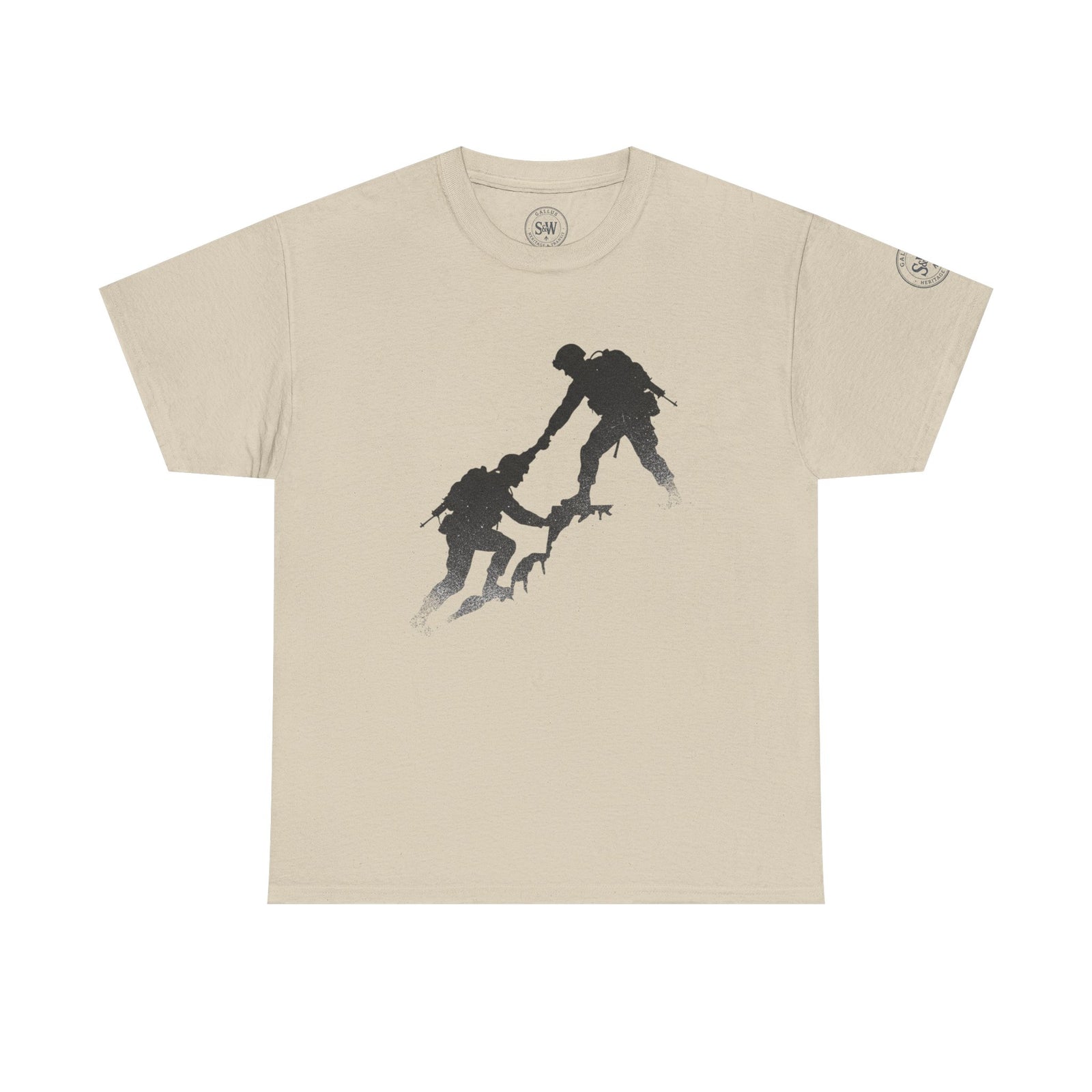Beige tee shirt by S&W Gallus with a silhouette of two soldiers assisting each other.