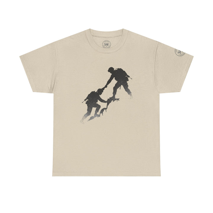 Beige tee shirt by S&amp;W Gallus with a silhouette of two soldiers assisting each other.