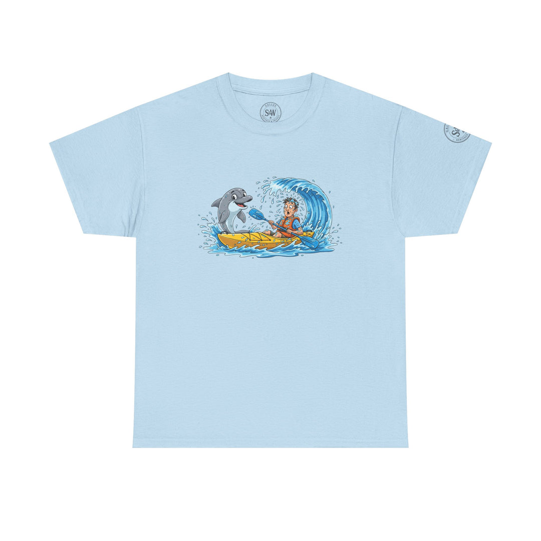 Light blue t-shirt by S&amp;W Gallus with cartoon dolphin and kayaker graphic on the front.