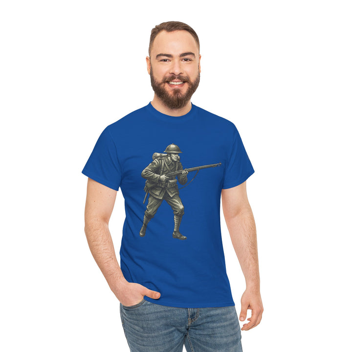 Blue graphic T-shirt by S&amp;W Gallus, featuring a vintage WWI soldier illustration on the front.