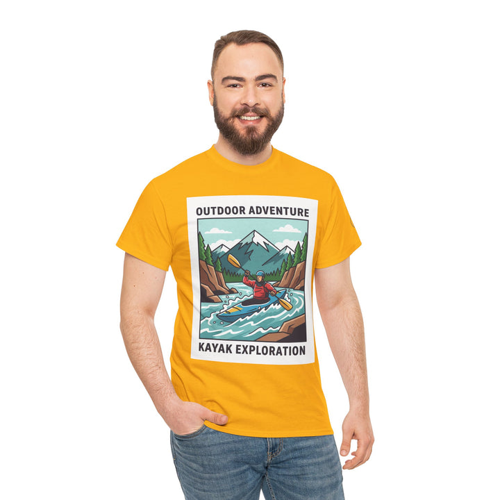 Yellow t-shirt by S&amp;W Gallus, featuring a kayak exploration graphic, worn with jeans and a smile.