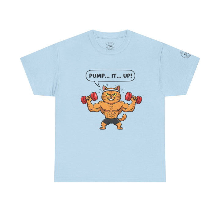 Light blue t-shirt by S&amp;W Gallus featuring a cartoon cat lifting weights, with a "Pump...It...Up!" speech bubble.
