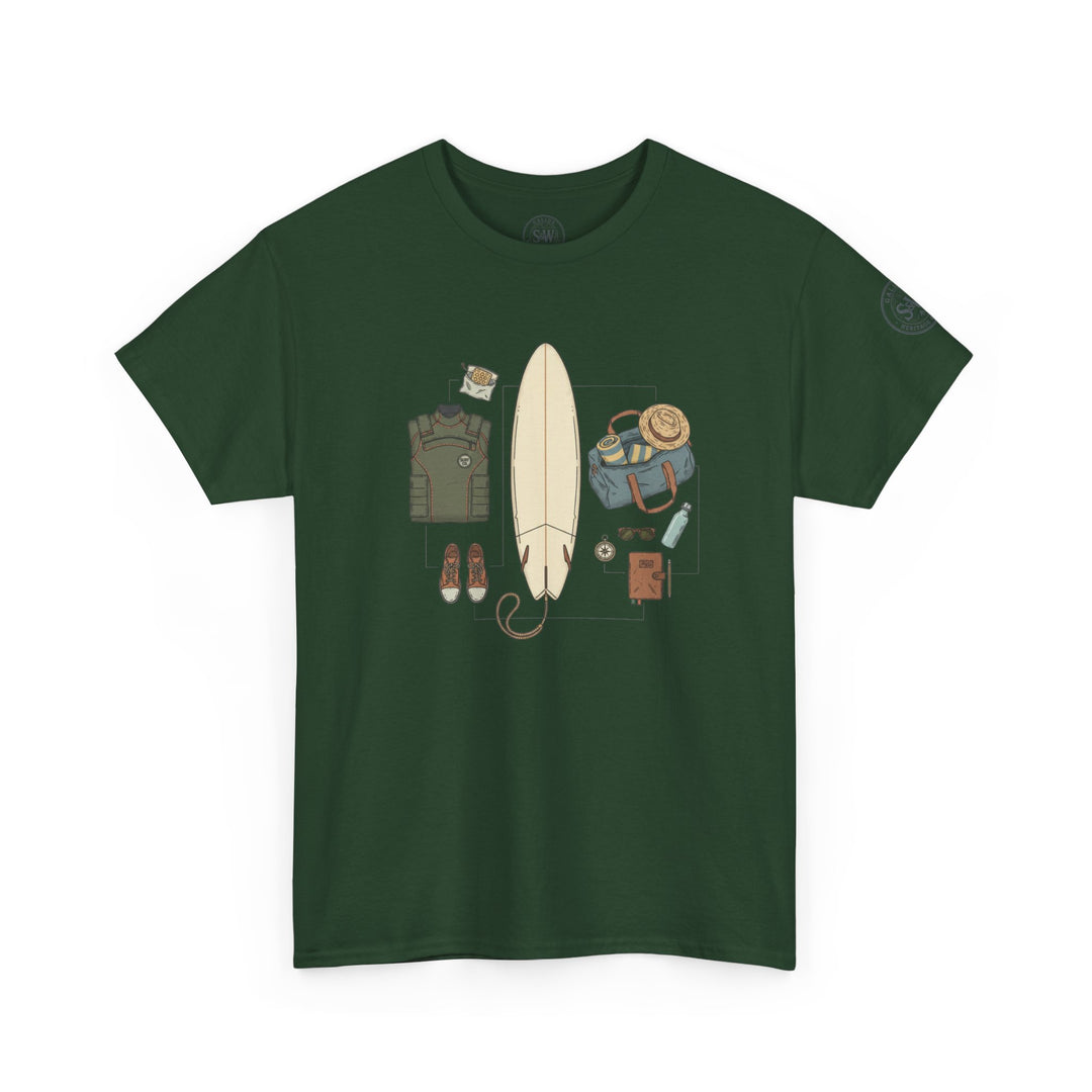 Dark green t-shirt by S&amp;W Gallus with a graphic print of surf gear in the center.