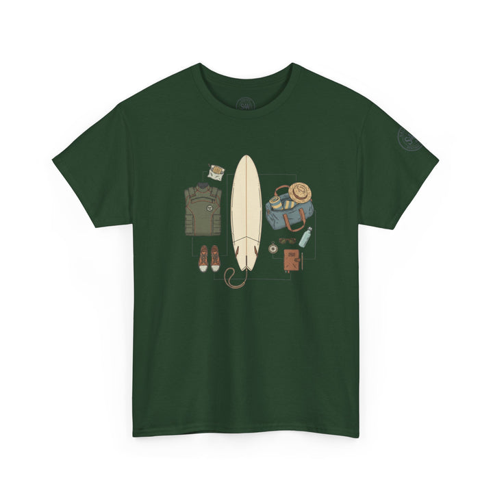 Dark green t-shirt by S&amp;W Gallus with a graphic print of surf gear in the center.