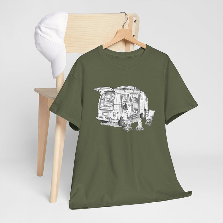 Open Van Sketch T-Shirt featuring a detailed van illustration. Soft, breathable cotton with a relaxed fit for everyday casual style.