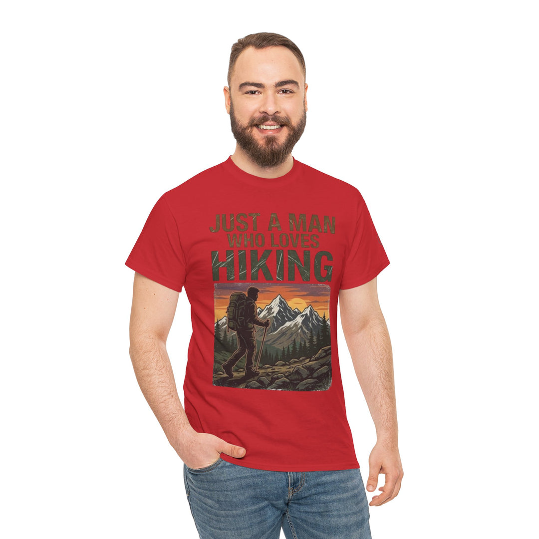Red "Just a Man Who Loves Hiking" t-shirt by Veteran Owned, featuring a mountain graphic, worn with jeans.