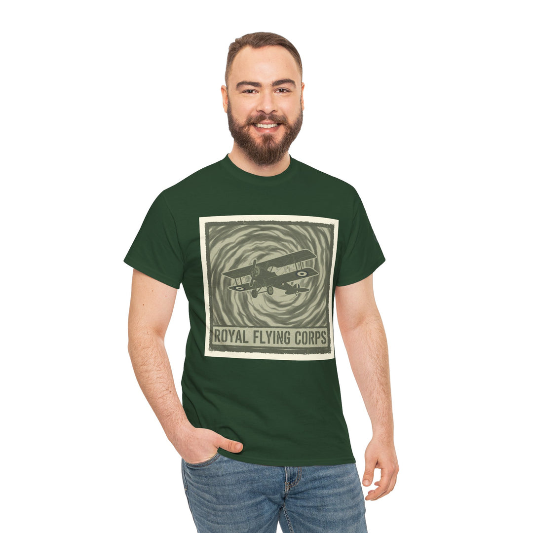 Green t-shirt by S&amp;W Gallus, featuring a Royal Flying Corps vintage airplane graphic, worn with blue jeans.