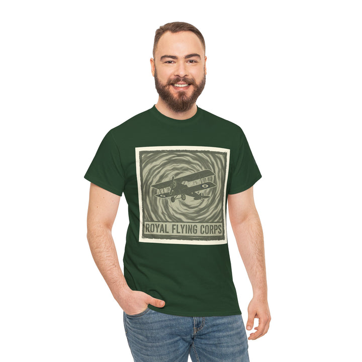 Green t-shirt by S&amp;W Gallus, featuring a Royal Flying Corps vintage airplane graphic, worn with blue jeans.