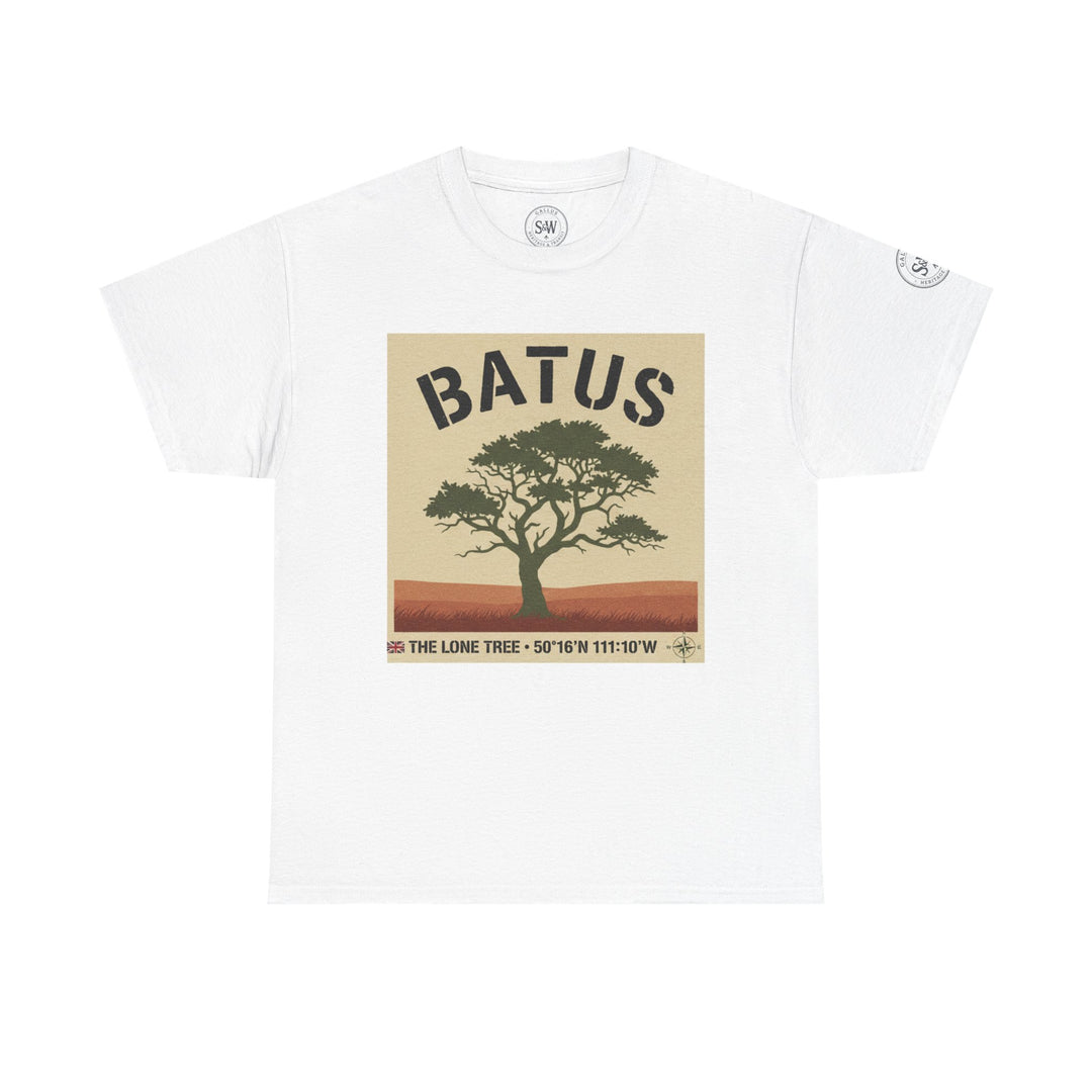 White Batus Lone Tree T-shirt by S&amp;W Gallus with a vintage safari tree graphic on the front.