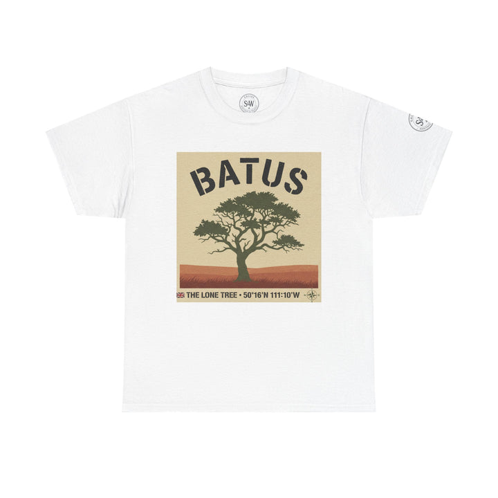 White Batus Lone Tree T-shirt by S&amp;W Gallus with a vintage safari tree graphic on the front.