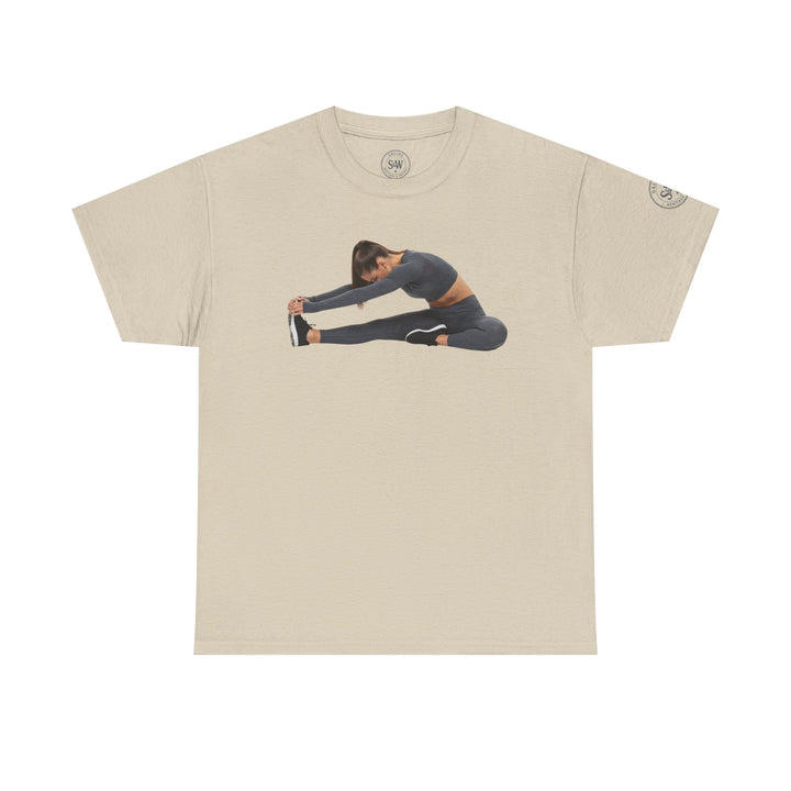 Beige t-shirt by S&amp;W Gallus, featuring a woman stretching her legs on the front.