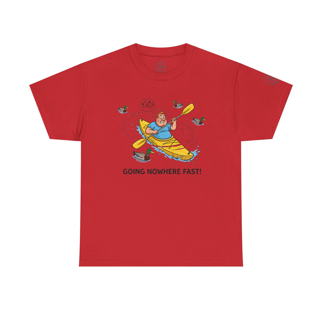 Red t-shirt by S&amp;W Gallus featuring a cartoon man in a kayak surrounded by ducks and the phrase "Going Nowhere Fast!".
