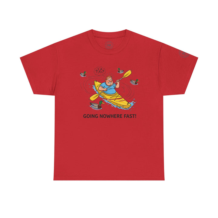 Red t-shirt by S&amp;W Gallus featuring a cartoon man in a kayak surrounded by ducks and the phrase "Going Nowhere Fast!".
