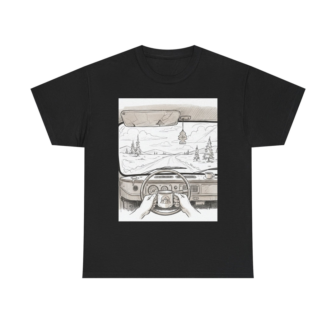 Scenic Drive Van Illustration Tee – soft cotton with a detailed van and landscape design. Perfect for road trips, outdoor adventures, and casual wear.