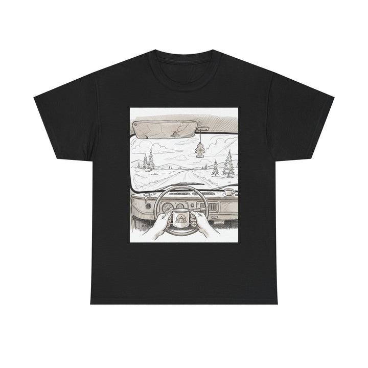 Scenic Drive Van Illustration Tee – soft cotton with a detailed van and landscape design. Perfect for road trips, outdoor adventures, and casual wear.