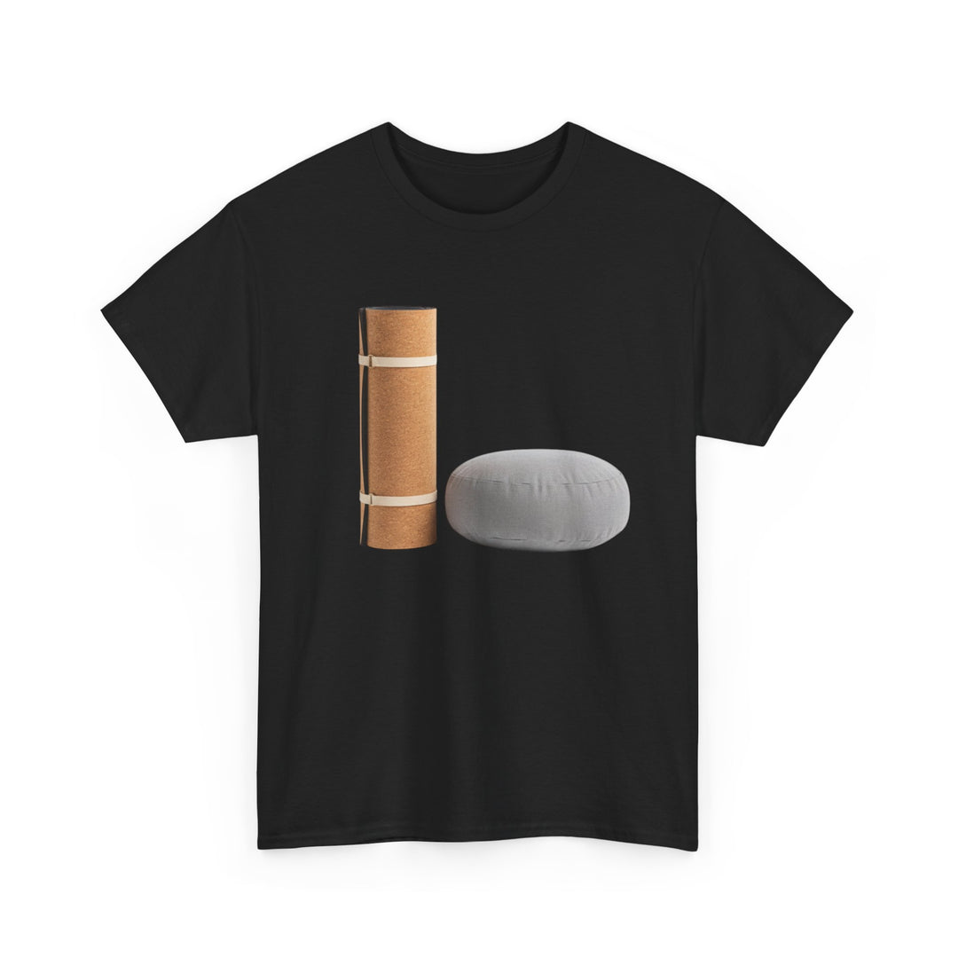 Mat &amp; Meditation Cushion Tee – soft, breathable cotton featuring a yoga-inspired design. Perfect for meditation, studio practice, or mindful everyday wear.