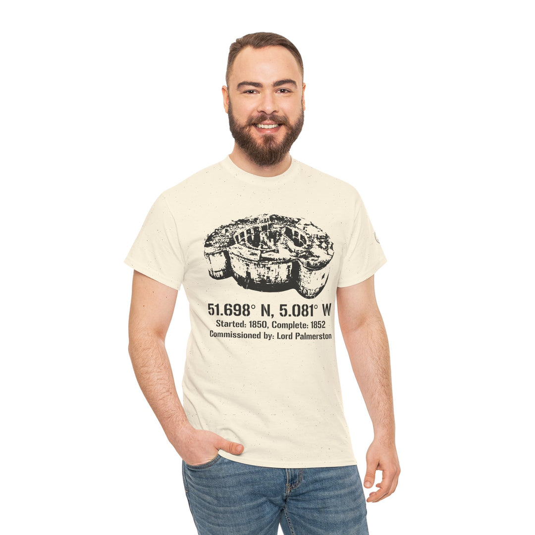 Cream t-shirt by S&amp;W Gallus, featuring a fort graphic with coordinates and historical information, styled with jeans.
