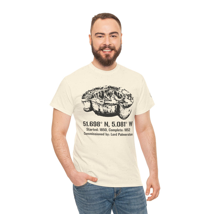 Cream t-shirt by S&amp;W Gallus, featuring a fort graphic with coordinates and historical information, styled with jeans.
