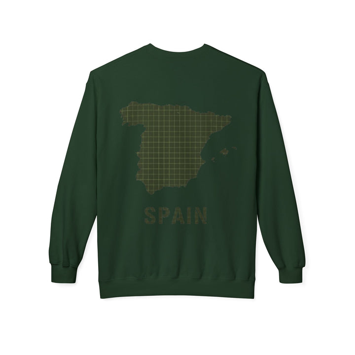 Spain Map Crewneck Sweatshirt — Military Green Grid Spain Graphic